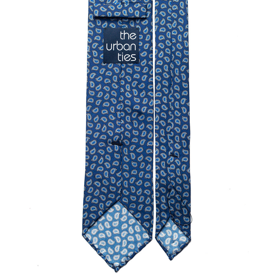 small paisley printed silk tie – blue – reverse view