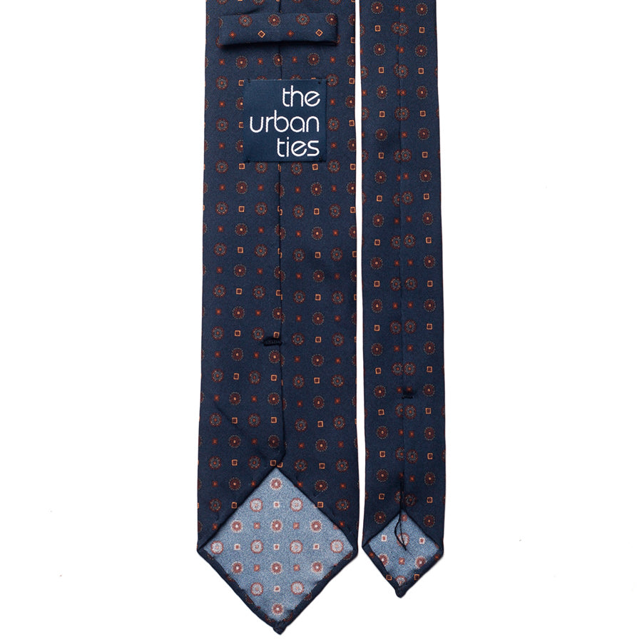 medallion printed silk tie – navy & rust – reverse view