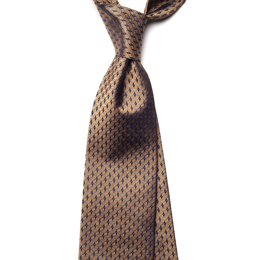 geometric jacquard silk tie – gold & navy – front view
