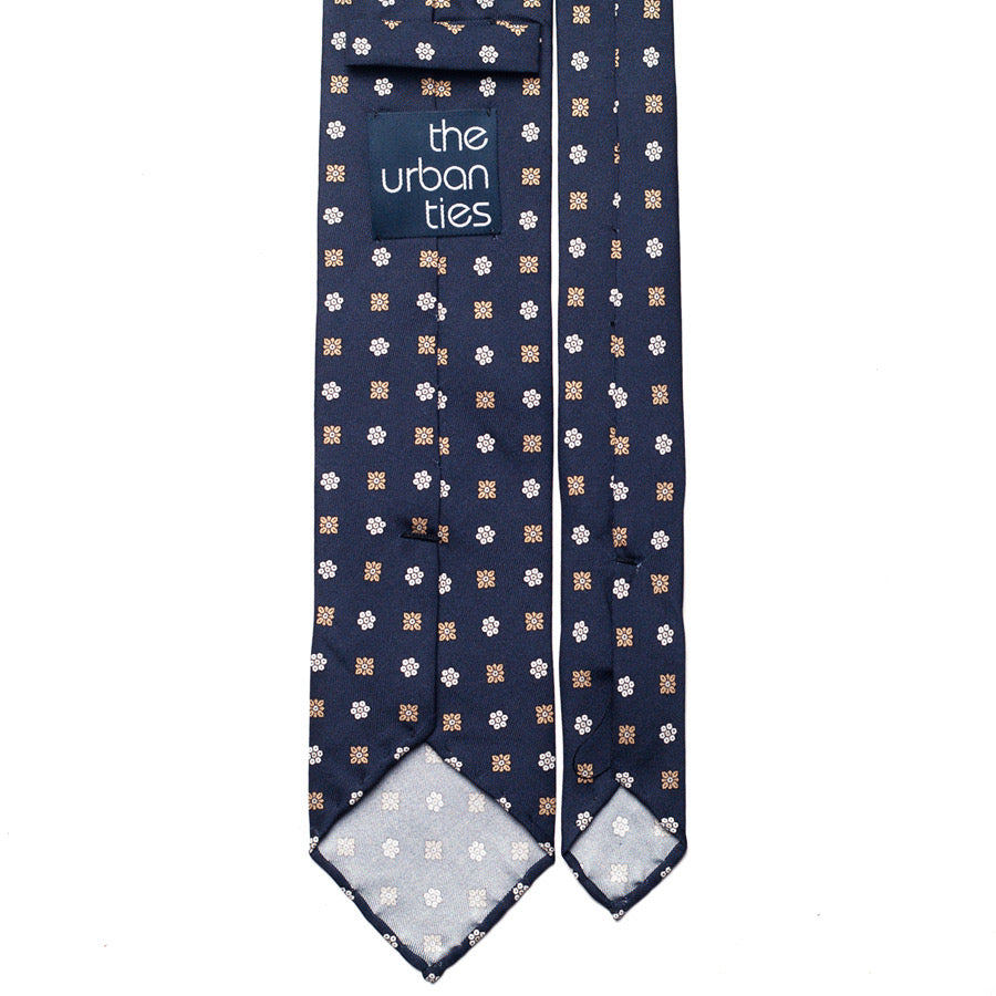 floral printed silk tie – navy & gold – reverse view