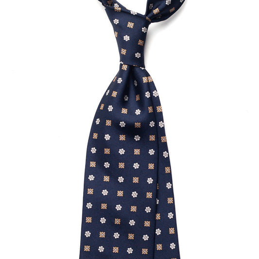 floral printed silk tie – navy & gold – front view