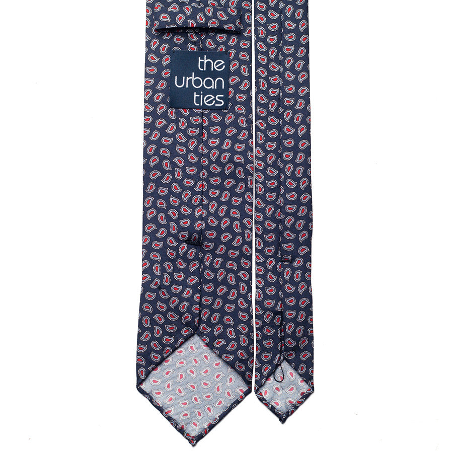 small paisley printed silk tie – navy & red – reverse view