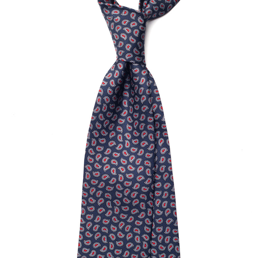 small paisley printed silk tie – navy & red – front view