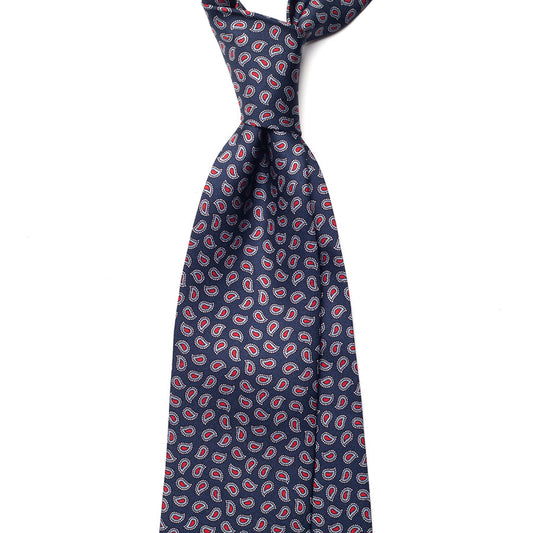 small paisley printed silk tie – navy & red – front view
