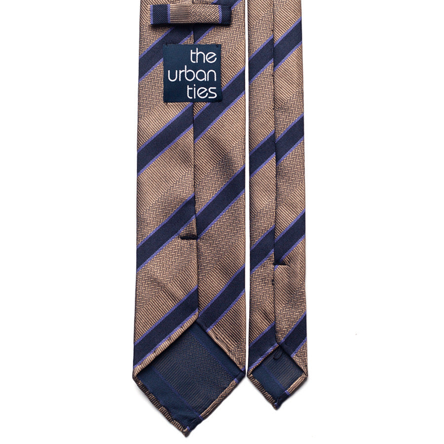 striped printed silk tie – tan & navy – reverse view