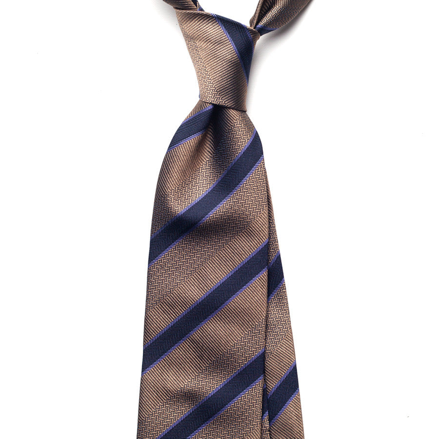 striped printed silk tie – tan & navy – front view