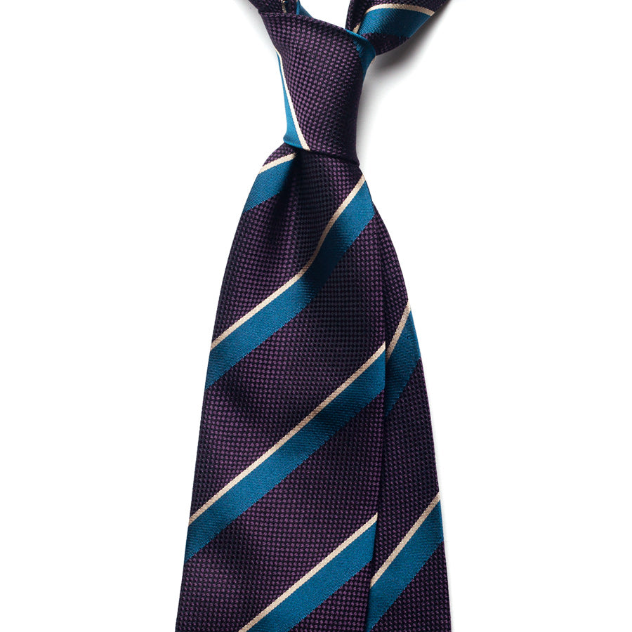 Repp stripe silk tie in navy and teal, front view