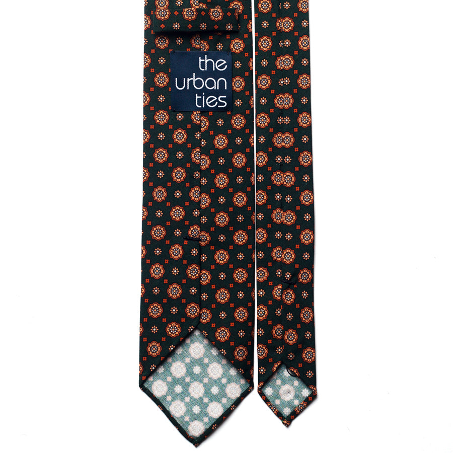 floral silk tie – green & rust – reverse view