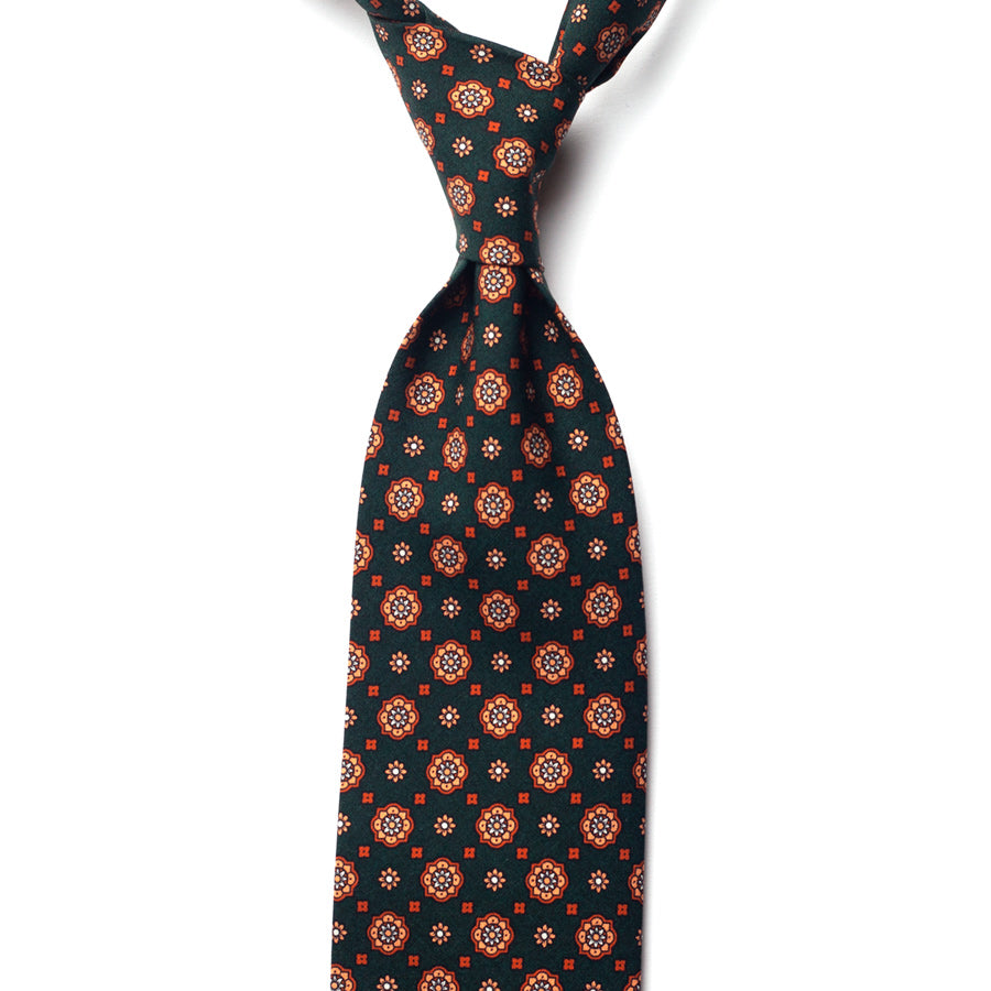 floral silk tie – green & rust – front view