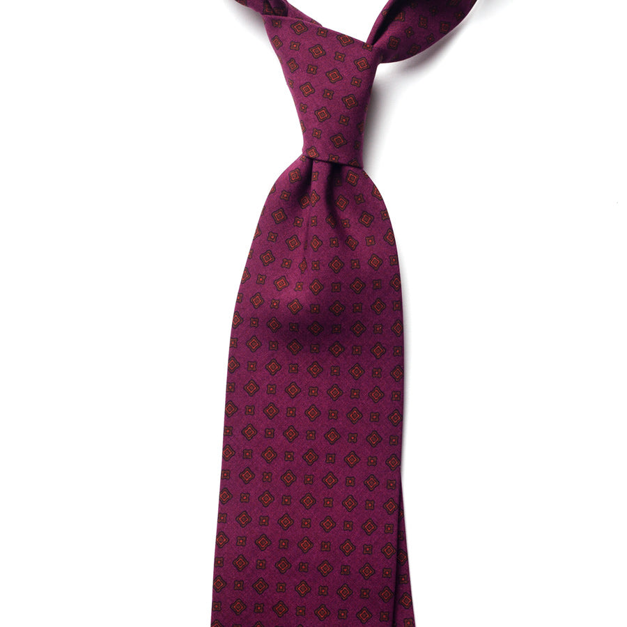 geometric silk tie – burgundy & olive – front view