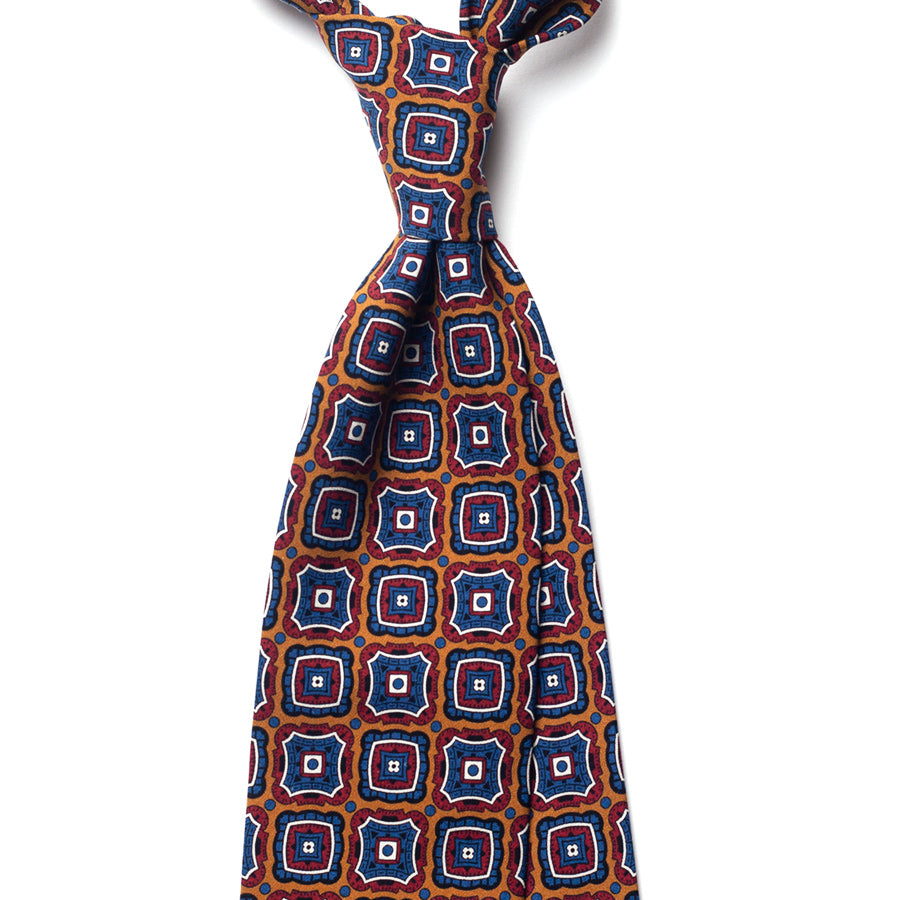 geometric silk tie – gold & navy – front view
