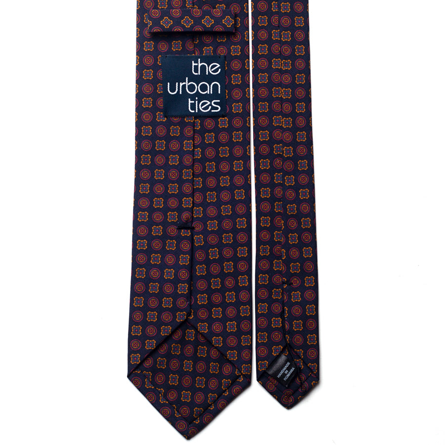 floral silk tie – navy & ochre – reverse view