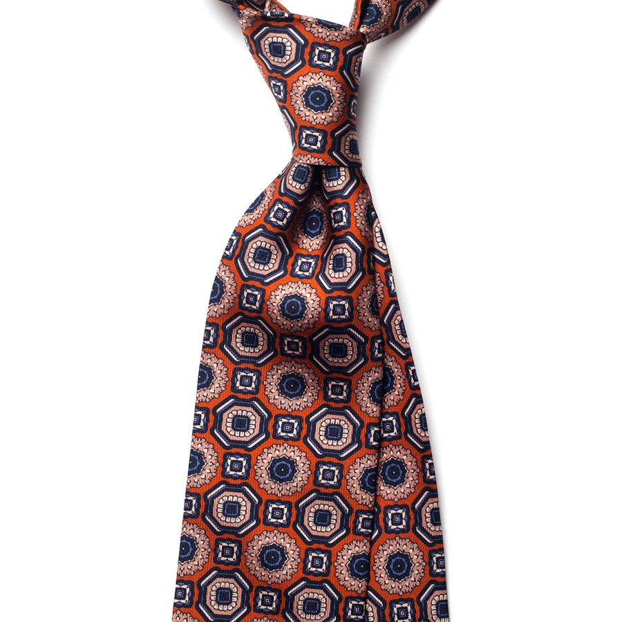 vintage medallion silk tie – rust & navy – front view