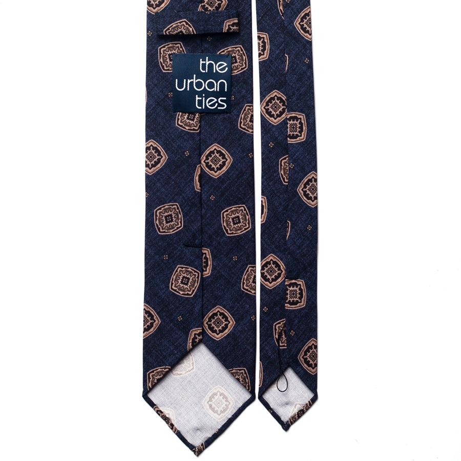 vintage medallion silk tie – navy & brown – reverse view