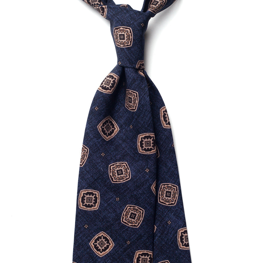 vintage medallion silk tie – navy & brown – front view