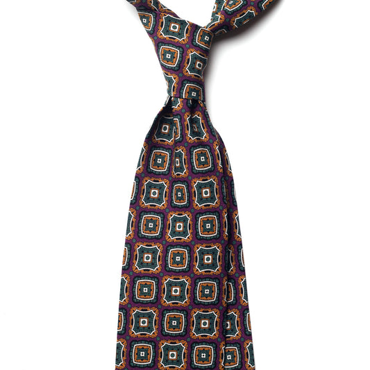 vintage medallion silk tie – green & burgundy – front view