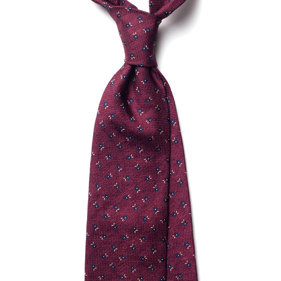 floral silk tie – burgundy & blue – front view