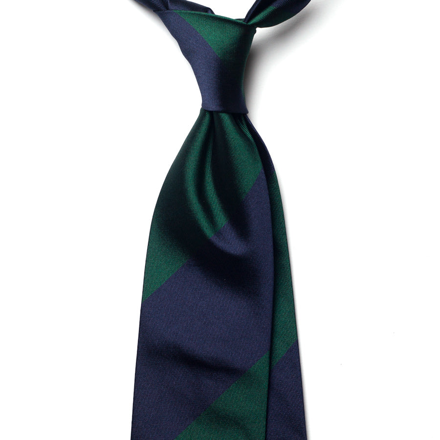 repp stripe silk tie – navy & green – front view