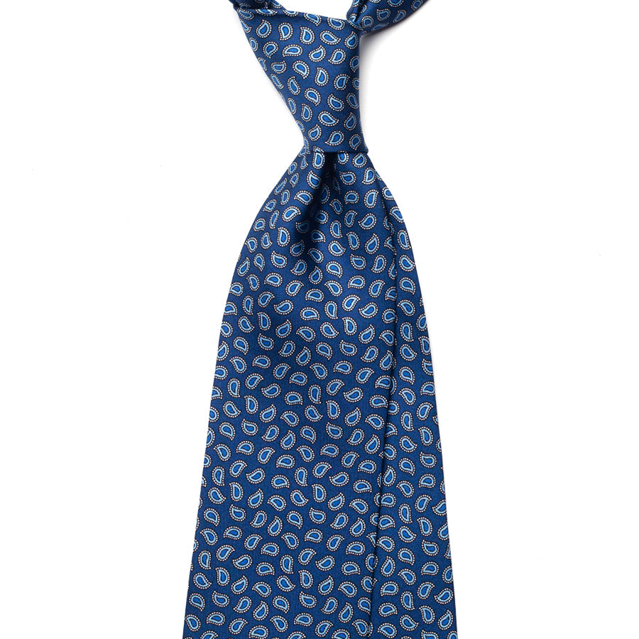 small paisley printed silk tie – blue – front view