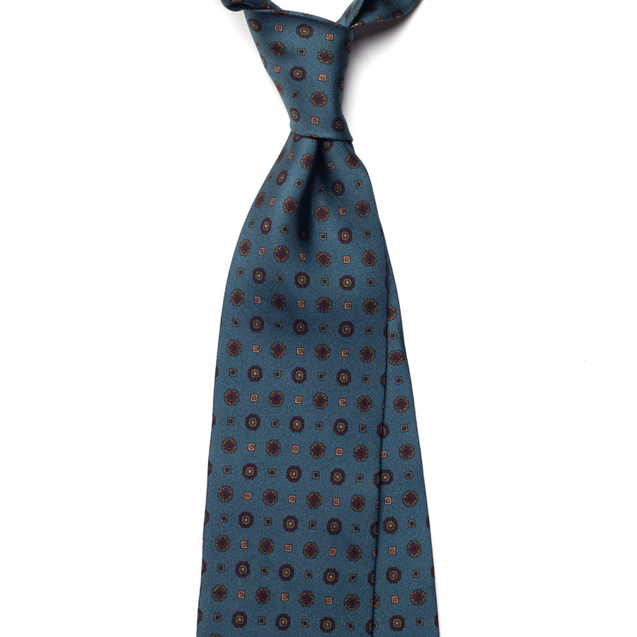 medallion printed silk tie – petrol – front view
