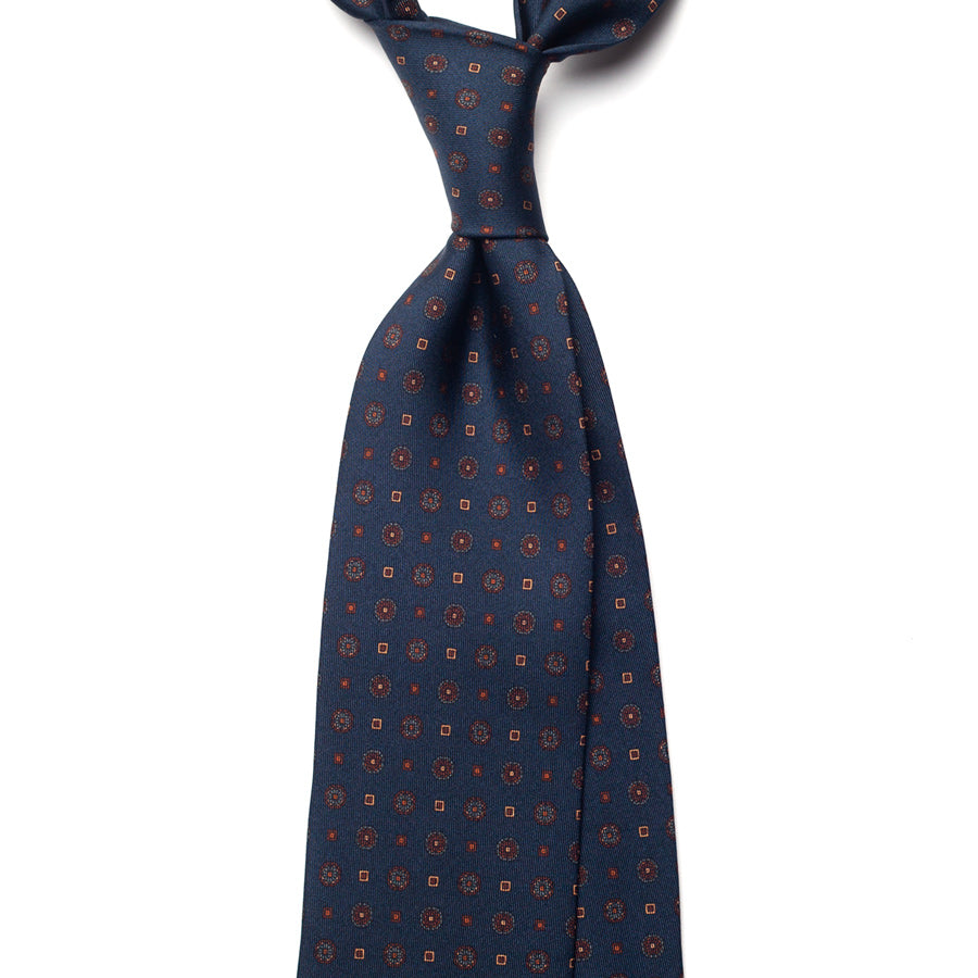 medallion printed silk tie – navy & rust – front view