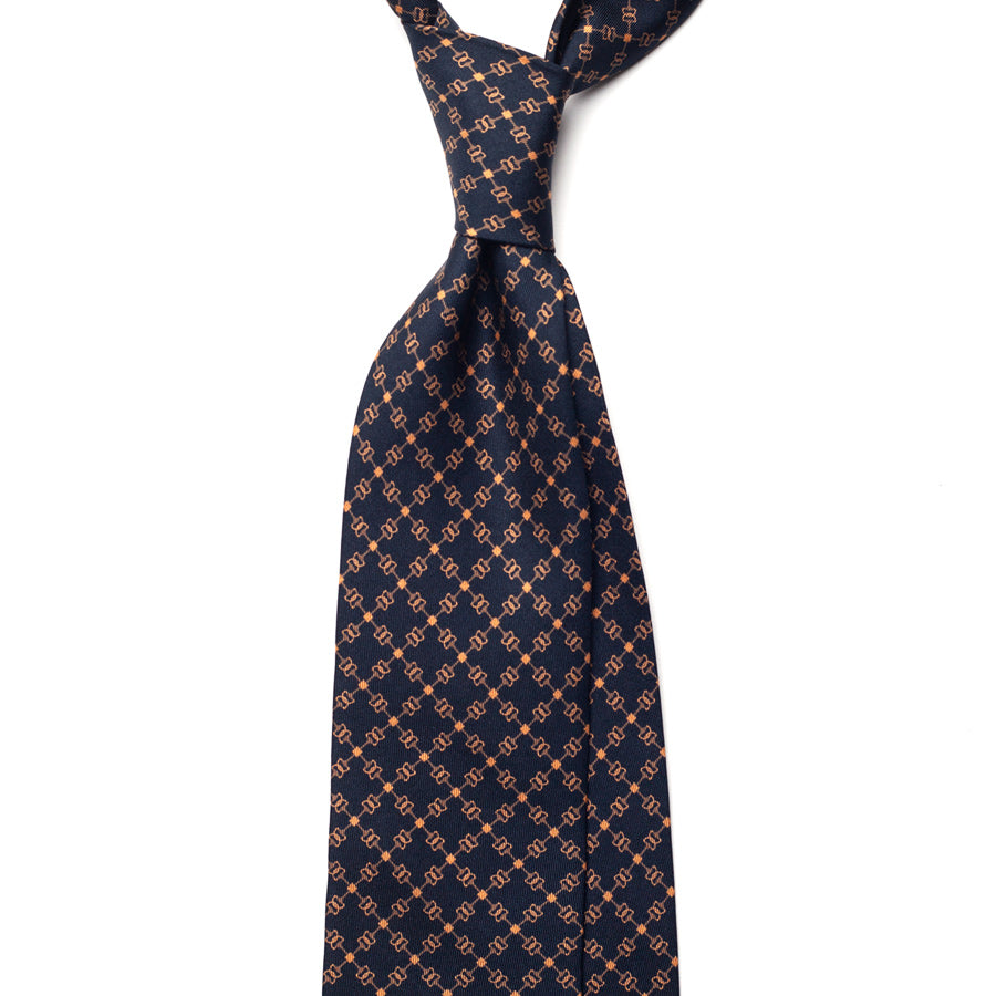 equestrian printed silk tie – navy & gold – front view